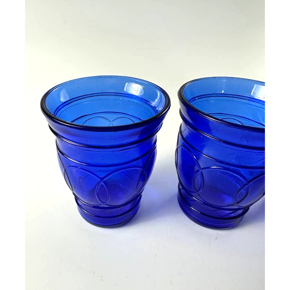 Hazel Atlas Ring O Rings Blue Shot Juice Cordial Glasses Tumblers - Picture 6 of 10